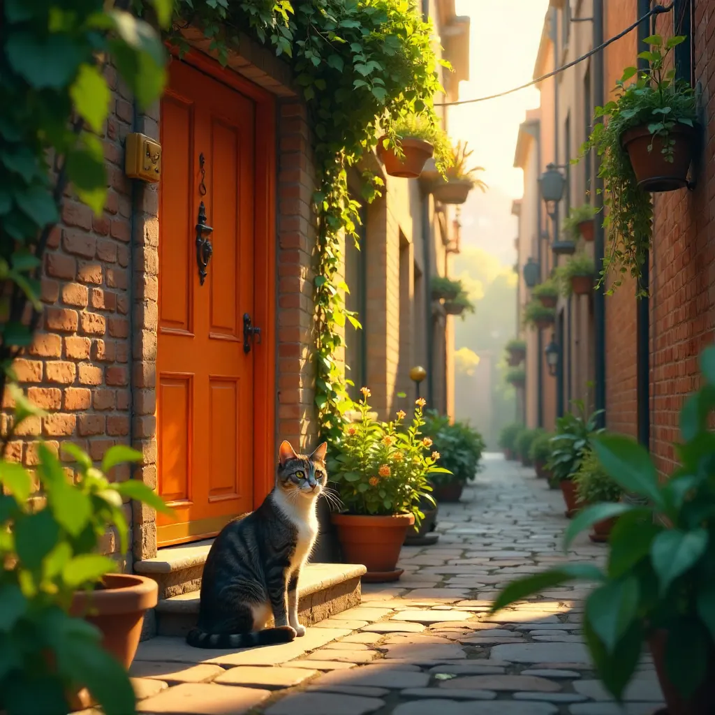 Urban Charm: Cat by an Orange Door in a Lush Alley