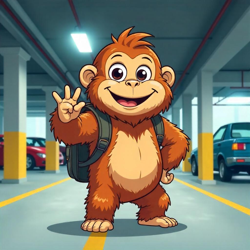 Cheerful Cartoon Orangutan in a Parking Garage