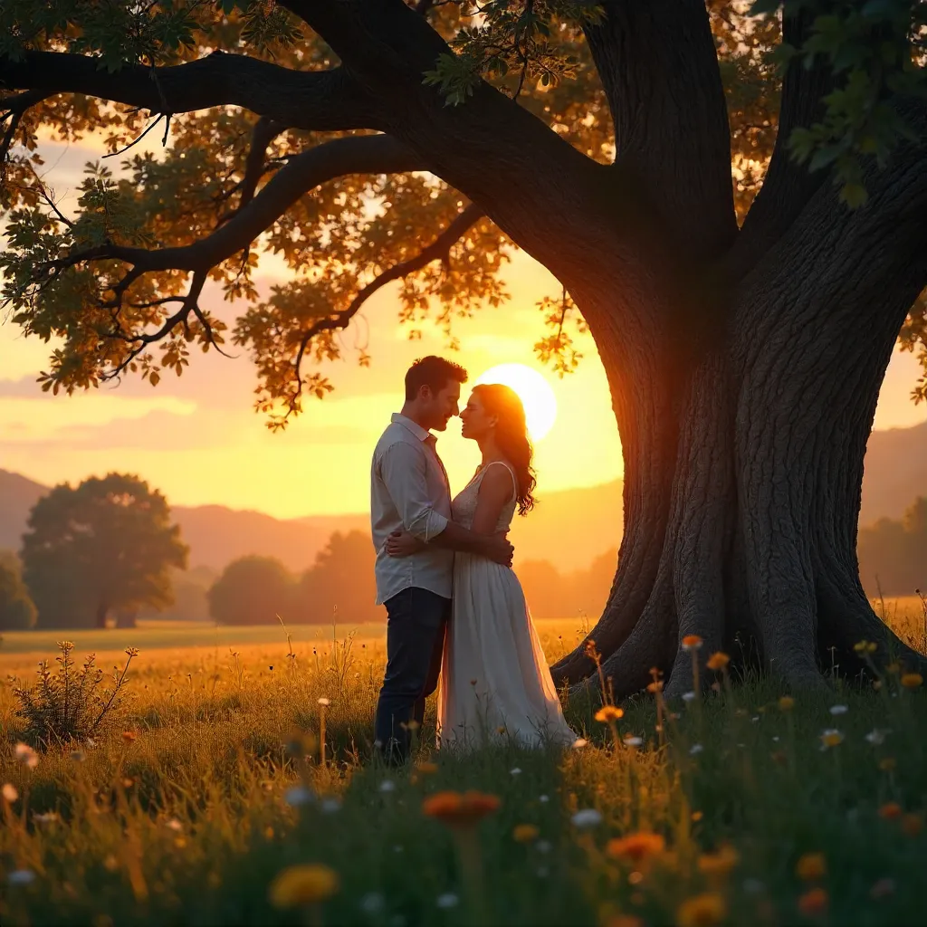 Sunset Embrace Under the Ancient Oak