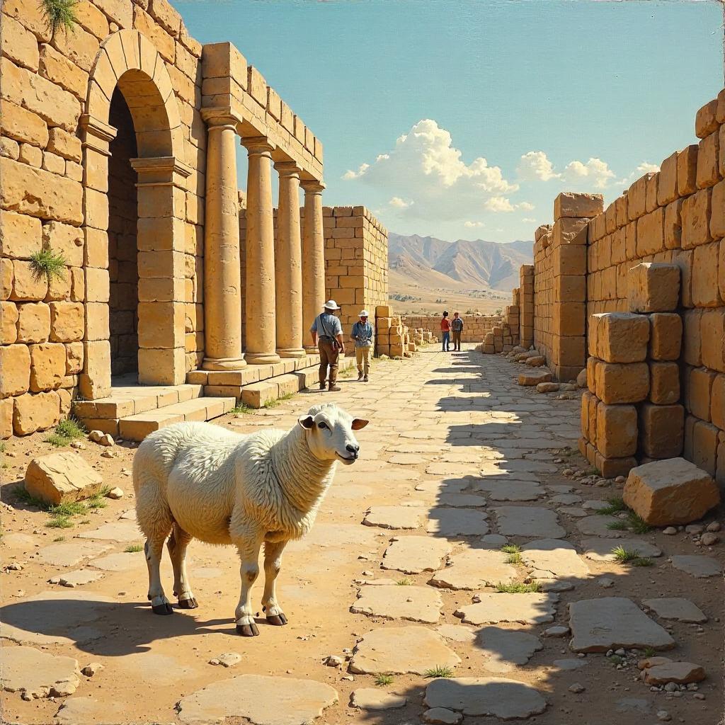 A Sheep in Ancient Ruins: Oil Painting