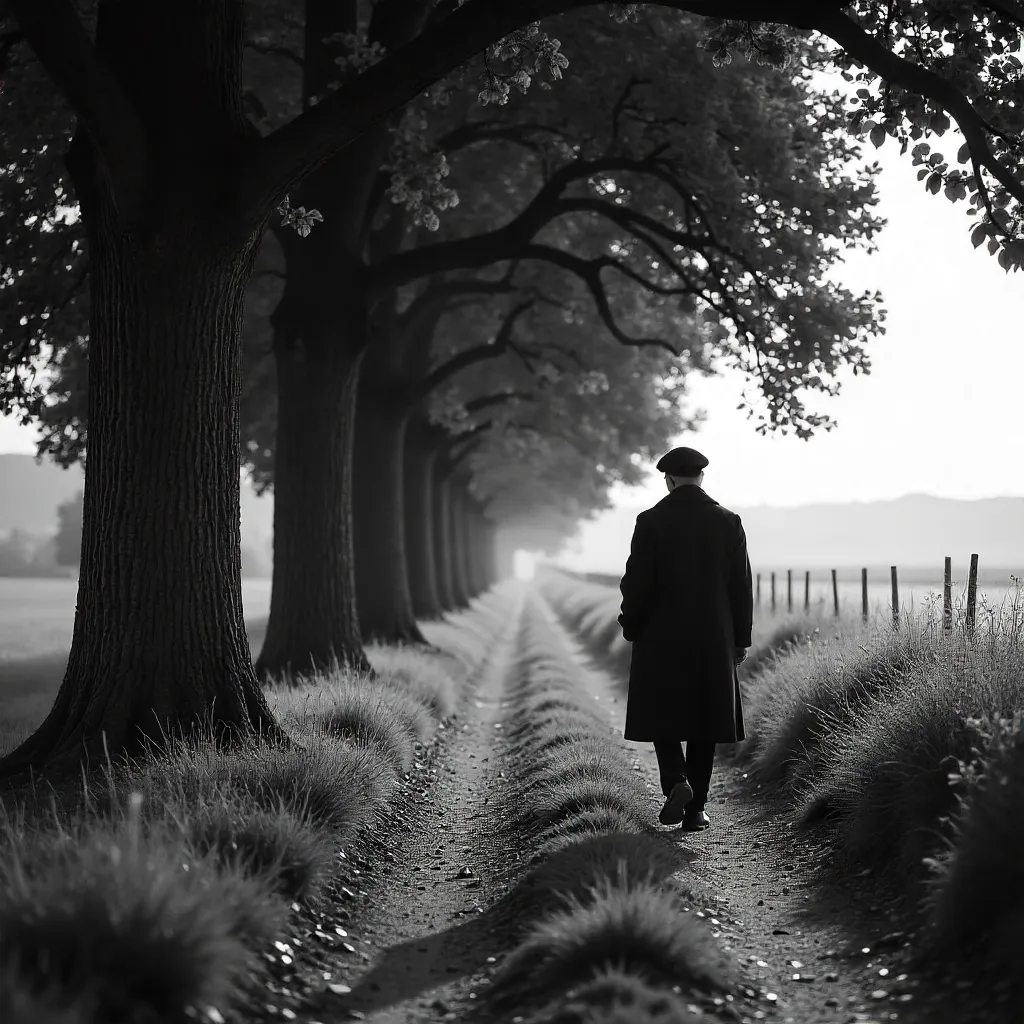 Serene Black-and-White Beret Walk in a French Tree-Lined Path