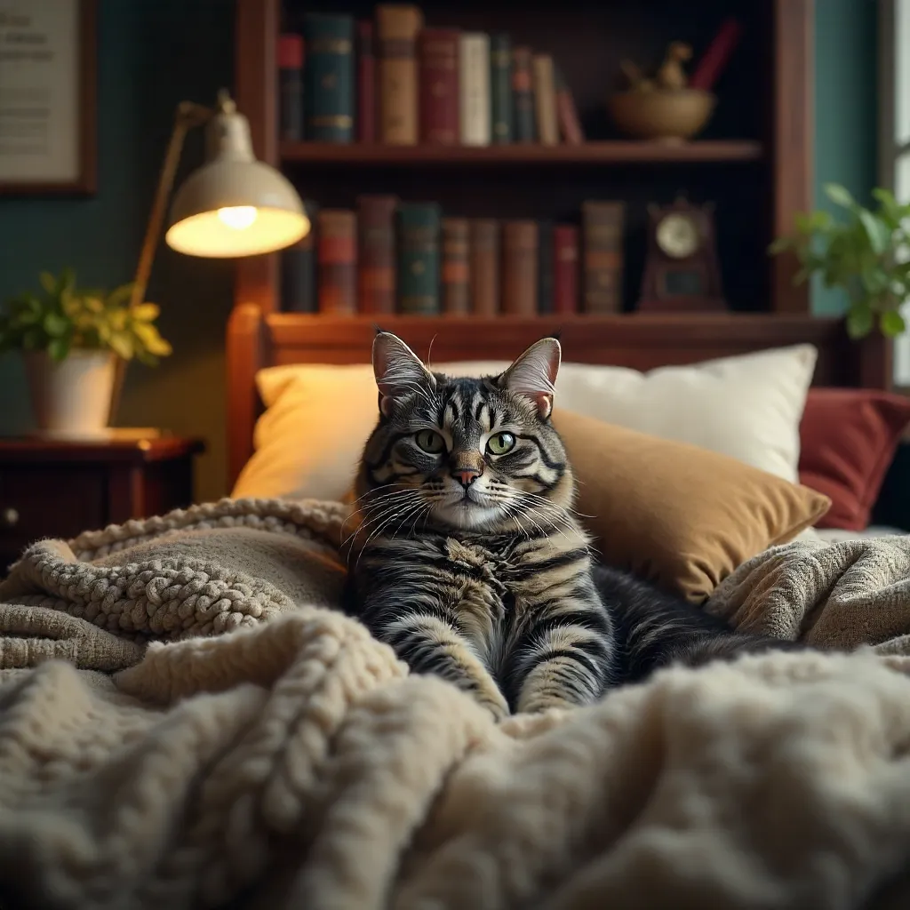 Grey Tabby Cat in a Cozy Book Nook Bed