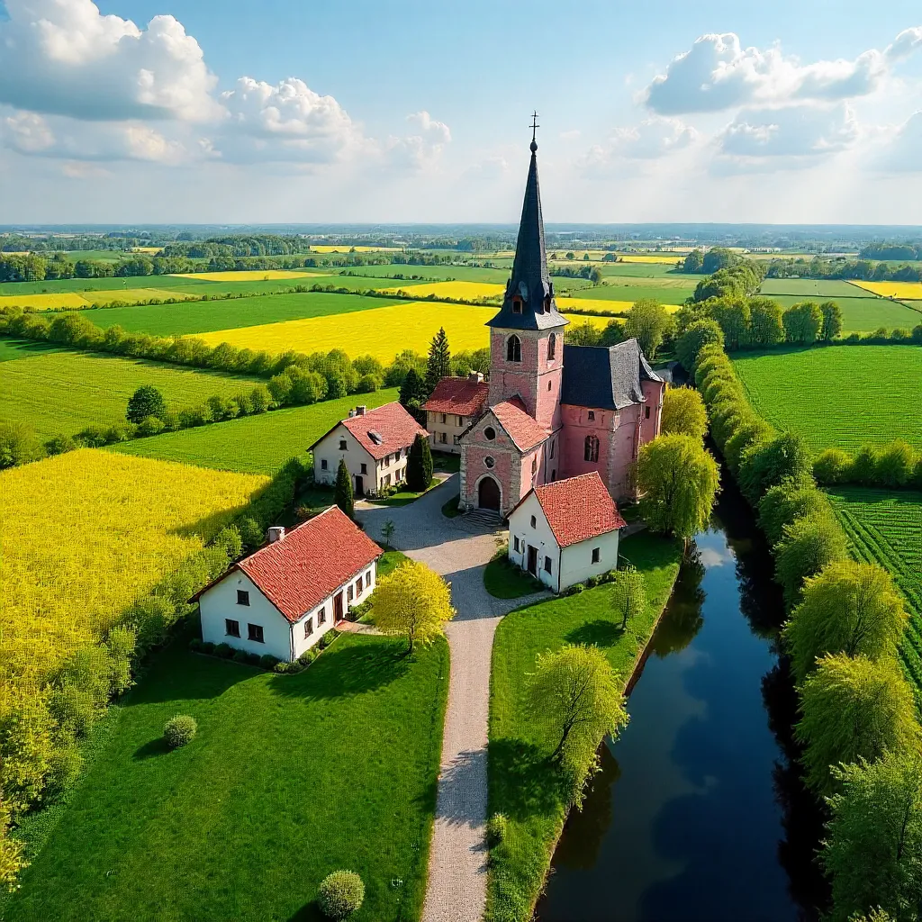 Aerial Spring Vista of a Polish Village