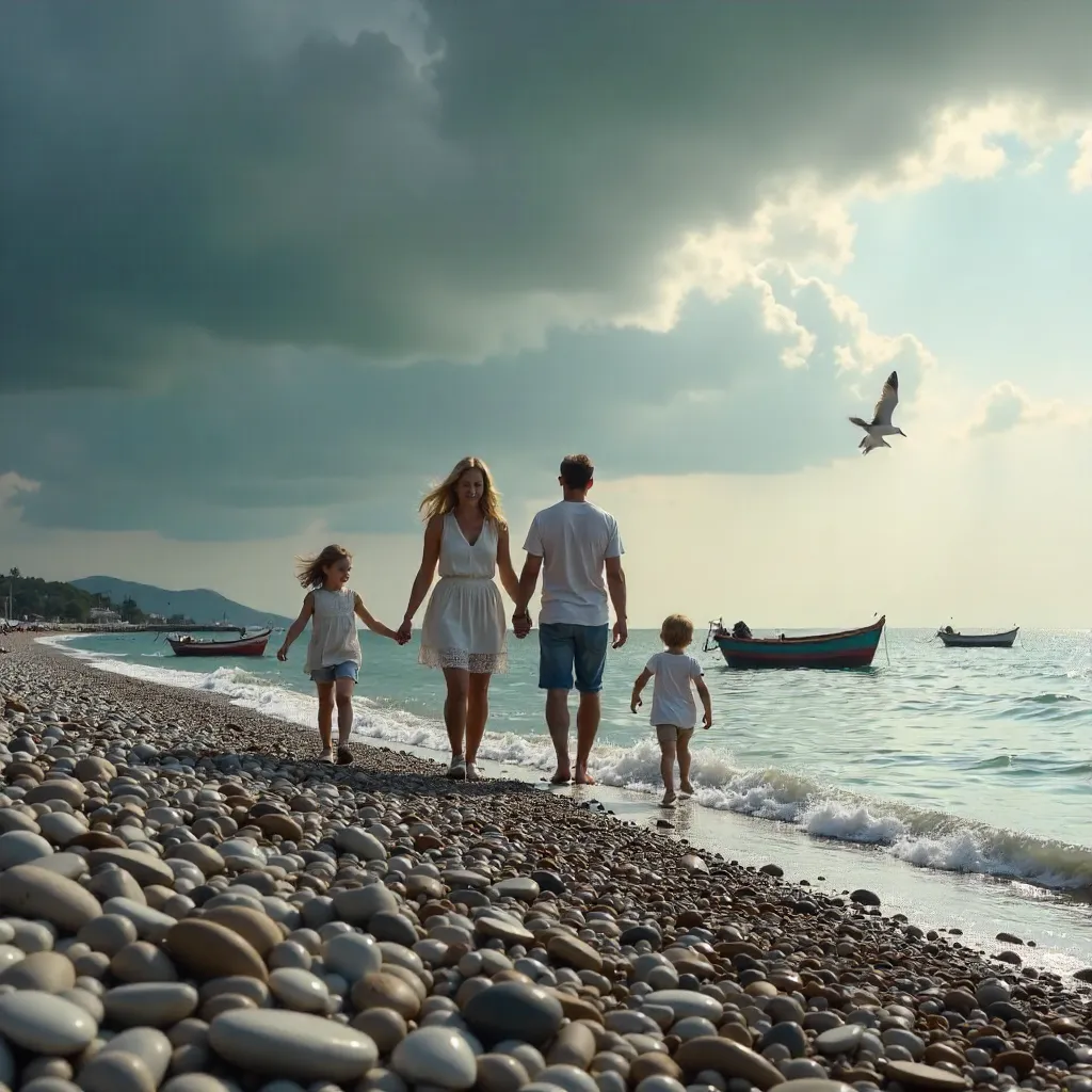 Family on a Pebbled Beach under a Cloudy Sky