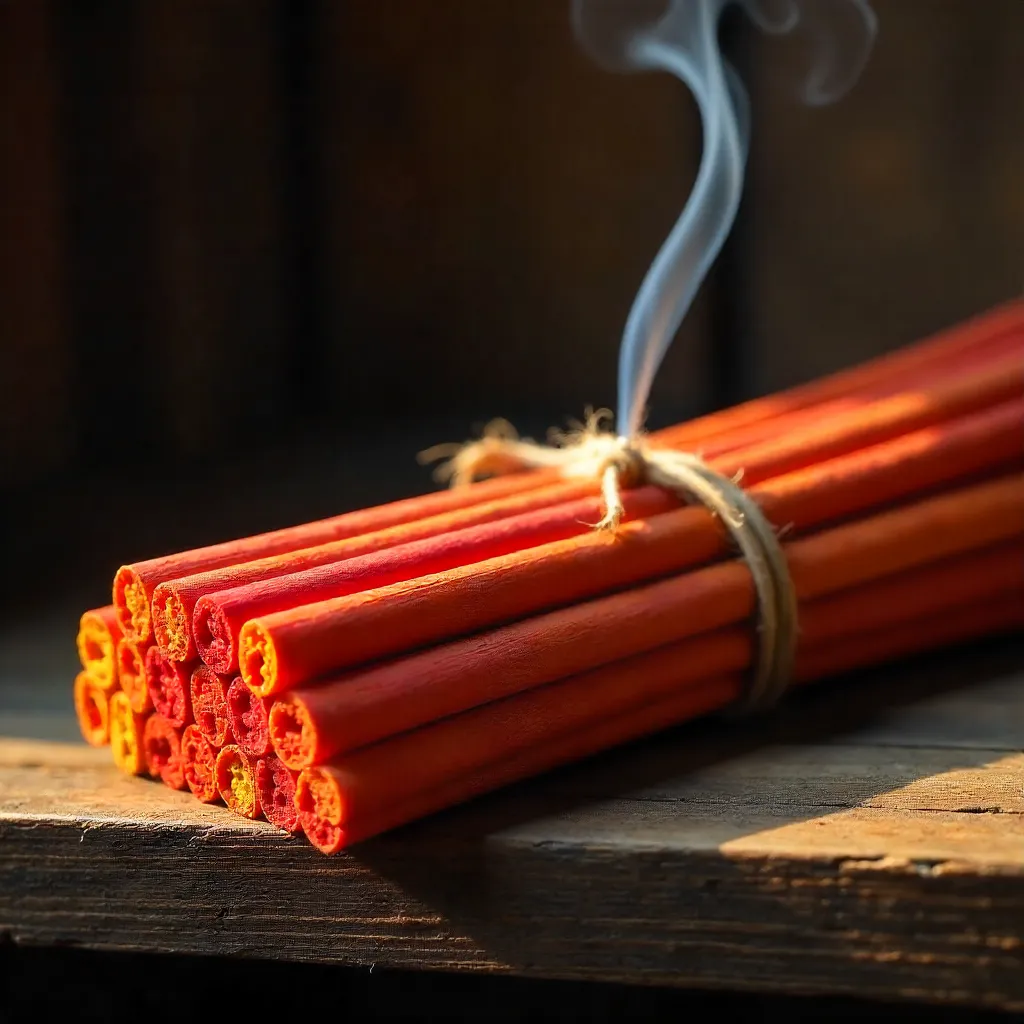 Vibrant Red and Yellow Incense Bundles on Rustic Wood Shelf