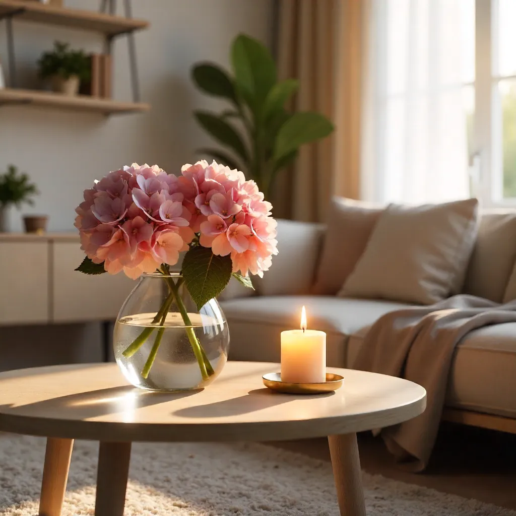Cozy Modern Indoor Scene with Pink Hydrangeas