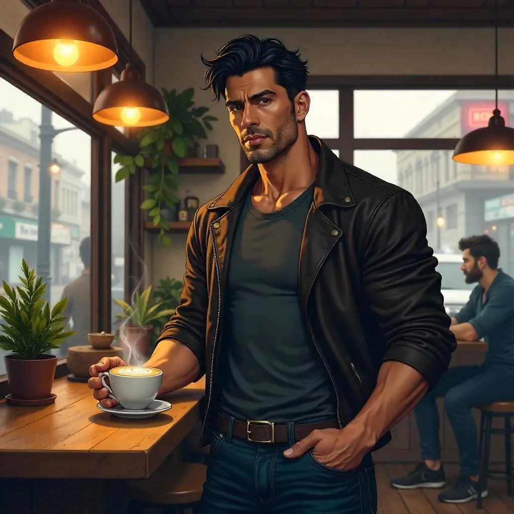 Strong Latino Man in a Cozy Anime Café