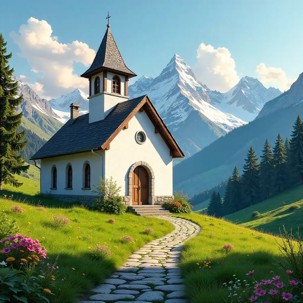 Alpine Church Among Lush Hills and Majestic Peaks