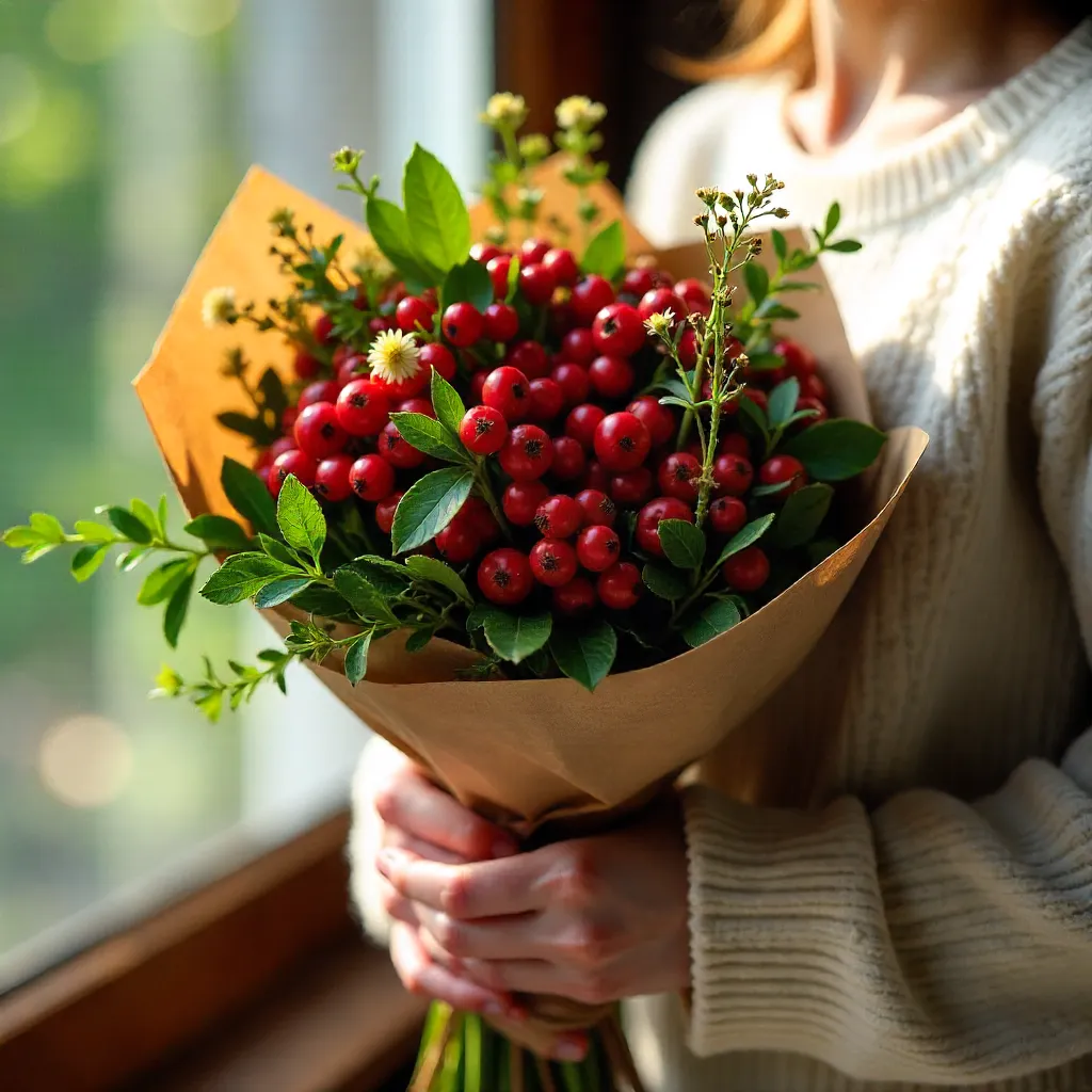 Person Holding Red Berry Bouquet in Kraft Paper