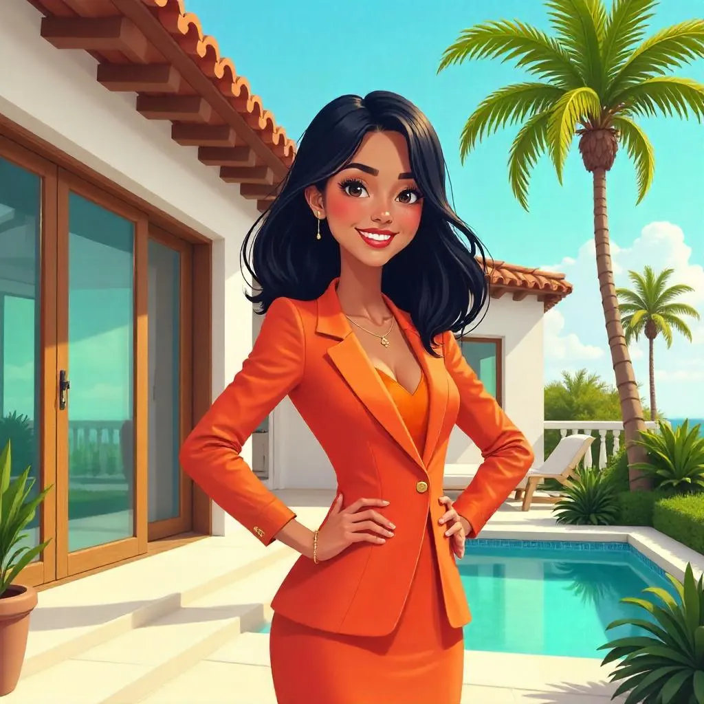 Confident Asian Woman at a Sunny Villa - Cartoon Style