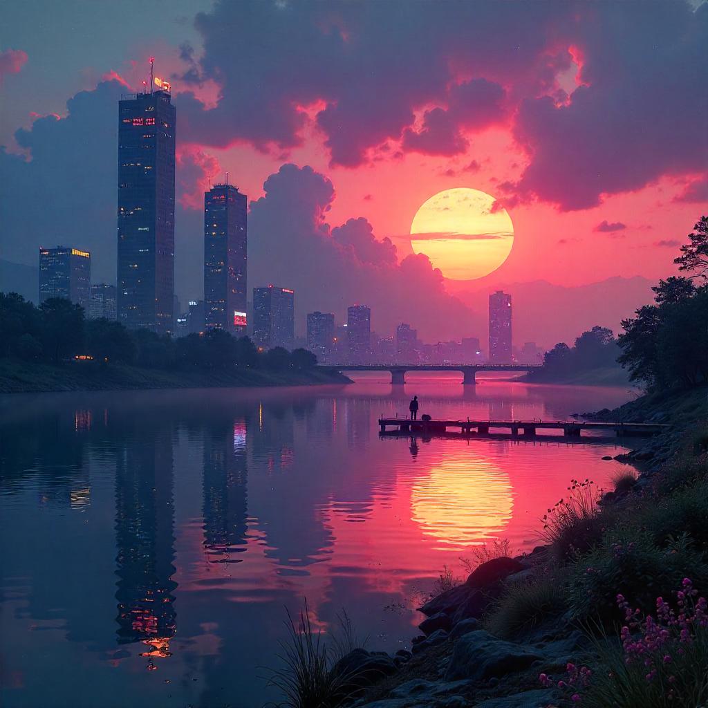 Sunset Neon Lake in a Cyberpunk Cityscape