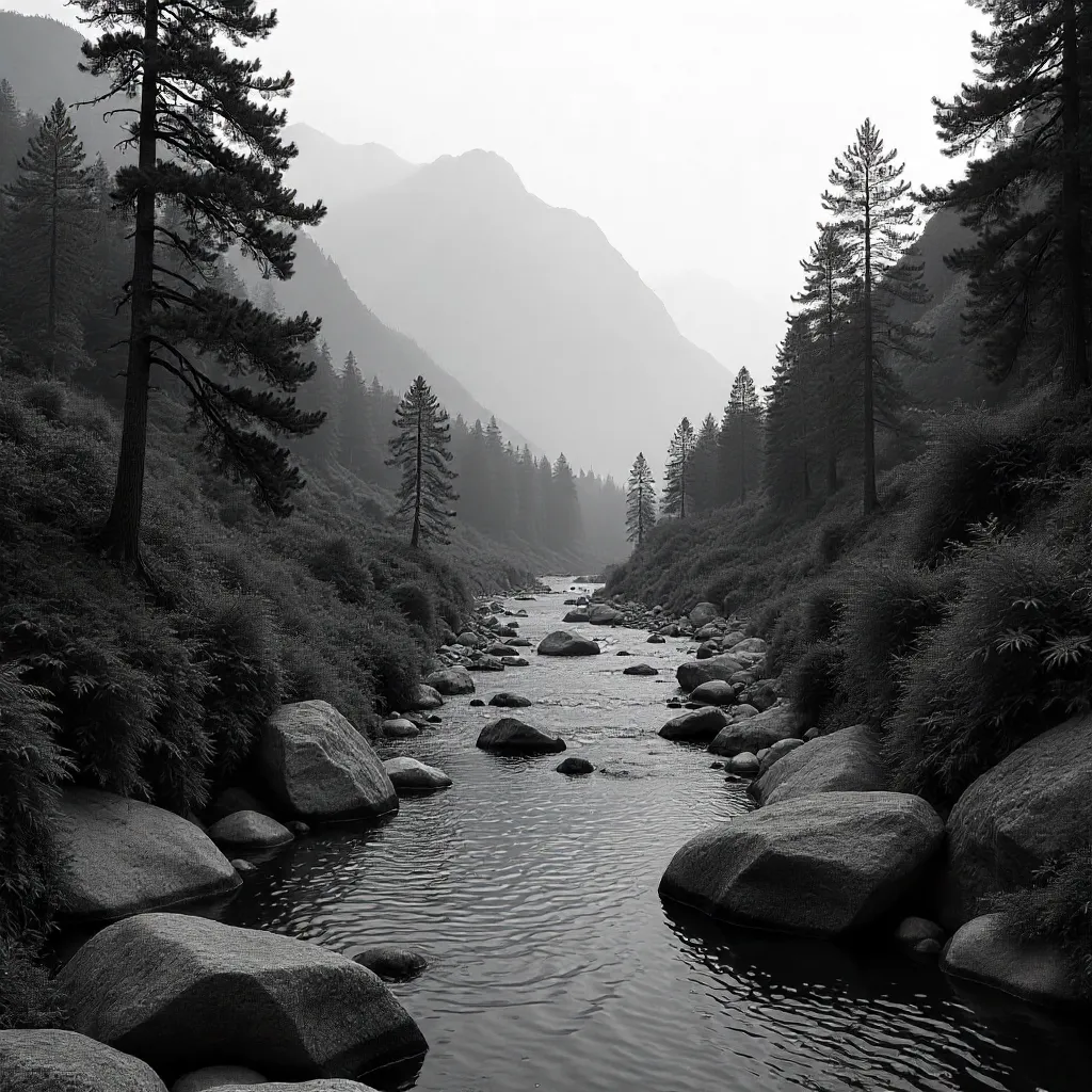Mist-Cloaked Mountain River in Monochrome