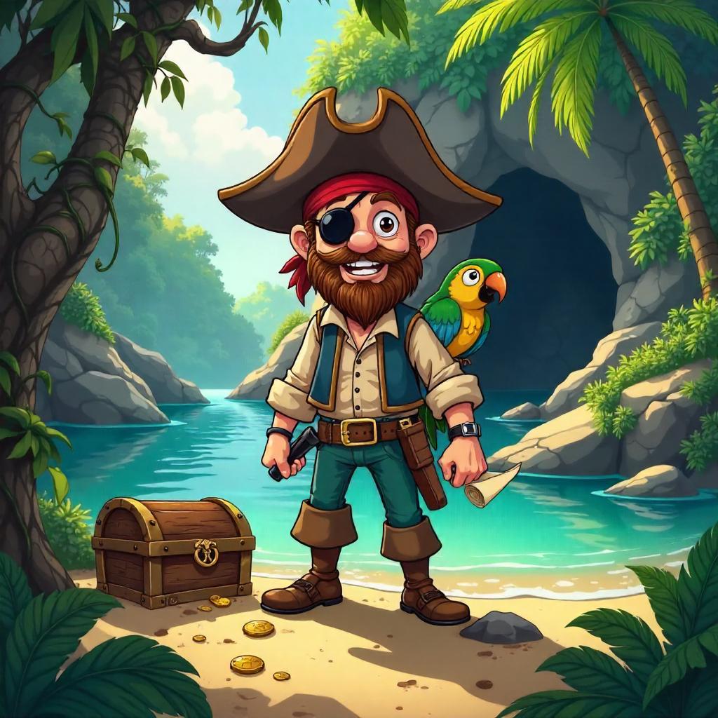 Cartoon Pirate in a Hidden Lagoon