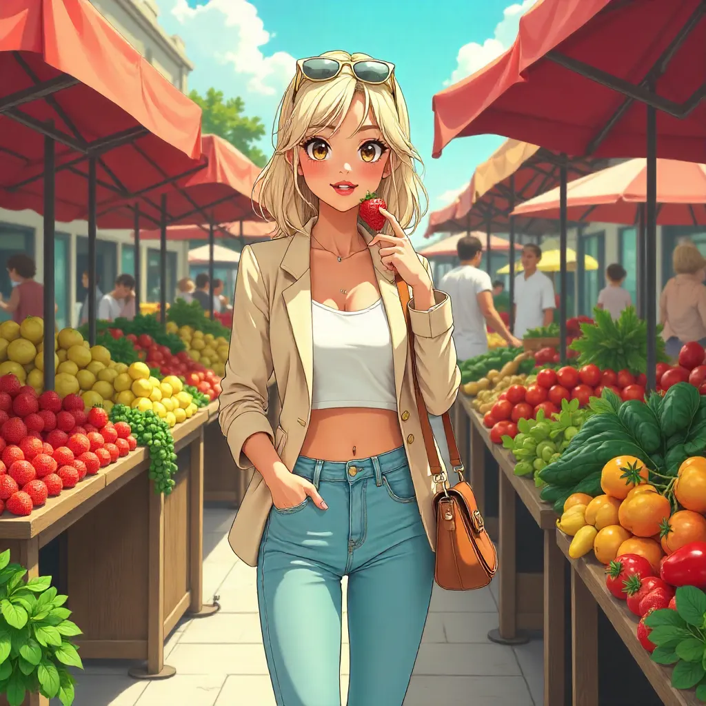 Stylish Caucasian Girl at a Lively Farmers Market