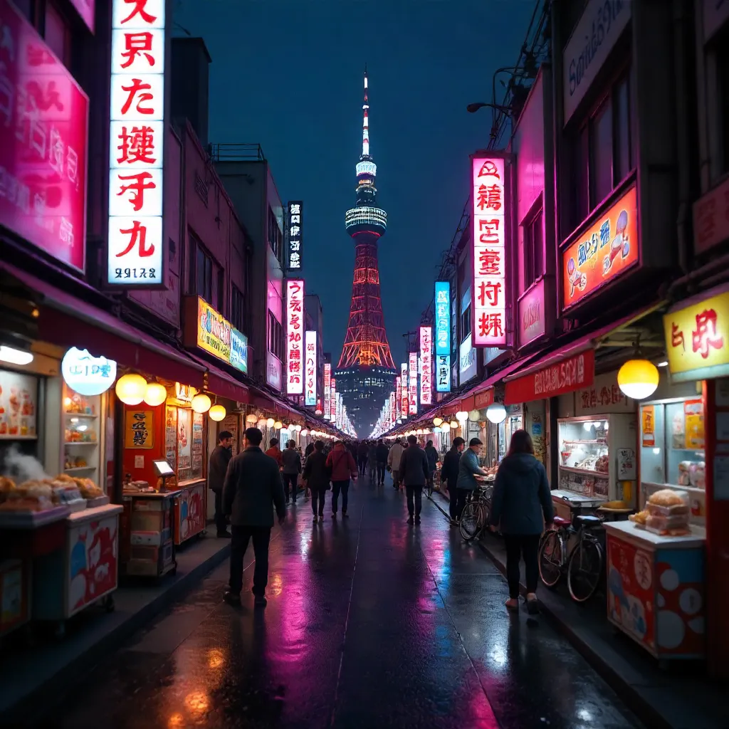 Lively Osaka Street at Night with Tsutenkaku Tower