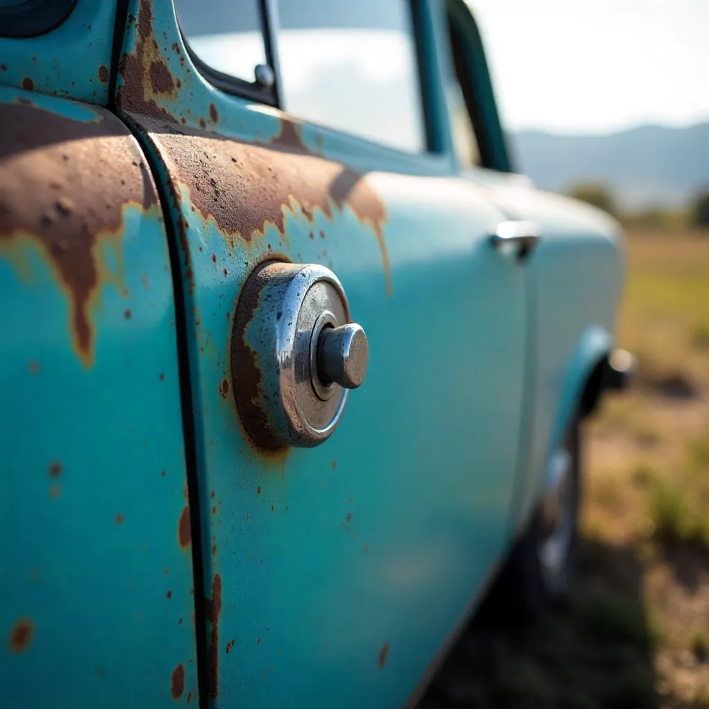 Close-Up of a Weathered Blue Vintage Car Door in Ñuble, Chile