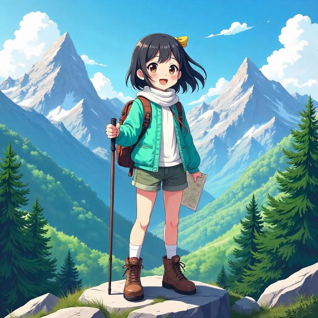 Cheerful Asian Girl in Anime Mountain Scene