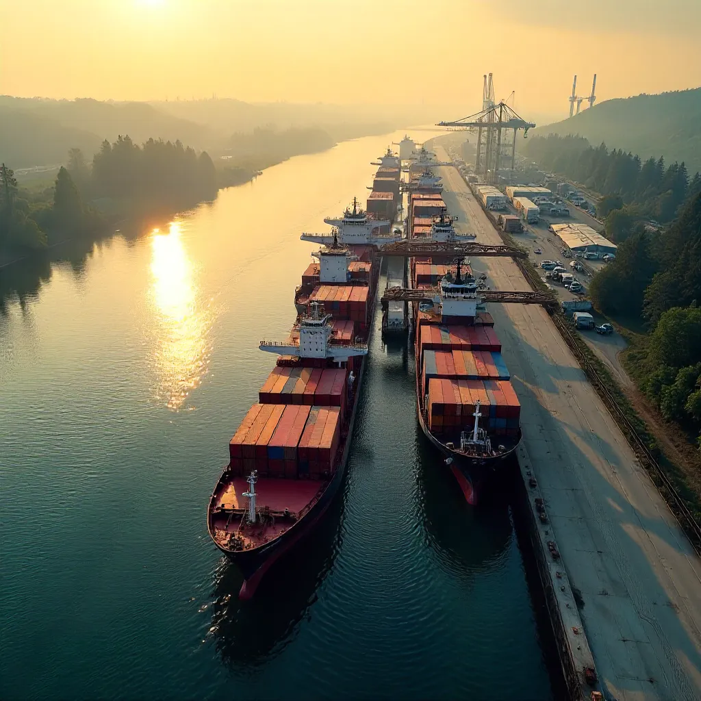 Aerial river port: cargo ships amid industry and nature