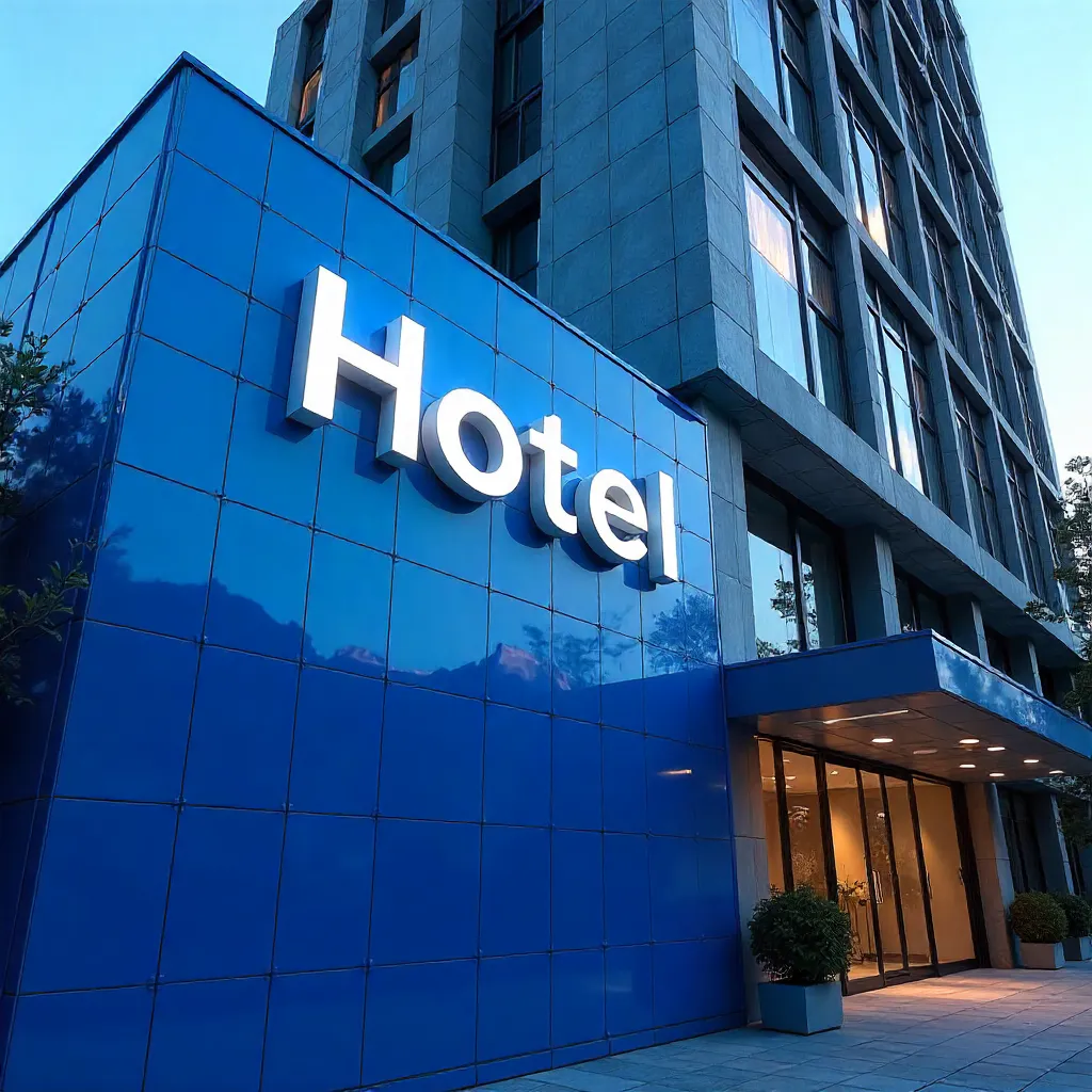 Bright Blue Tile Hotel Sign Under Clear Sky