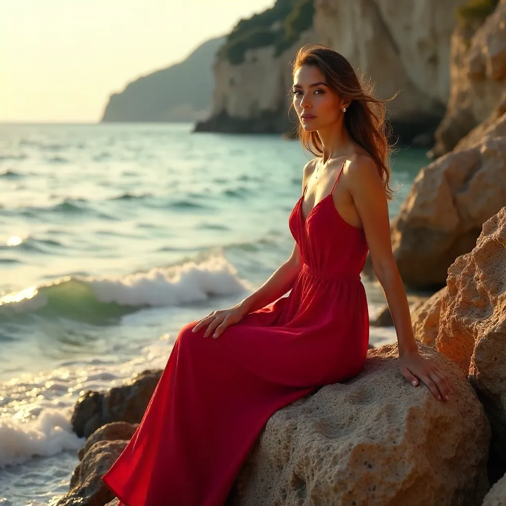 Red Dress on Antalya's Rocky Shore at Sunset