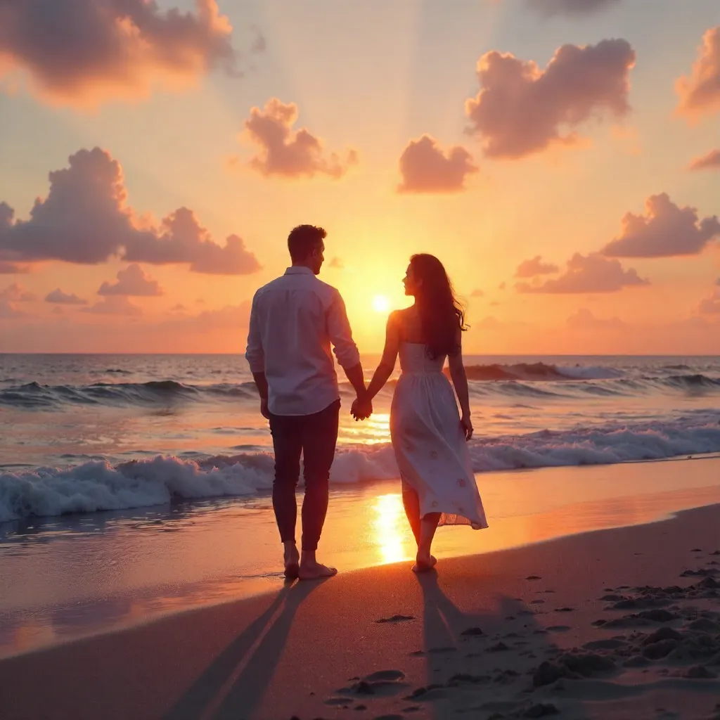 Silhouetted Couple at Sunset by the Ocean