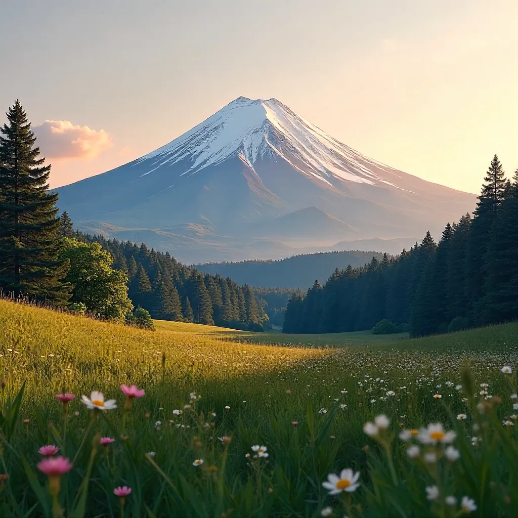 Snow-Capped Mount Fuji Over Meadow and Pines