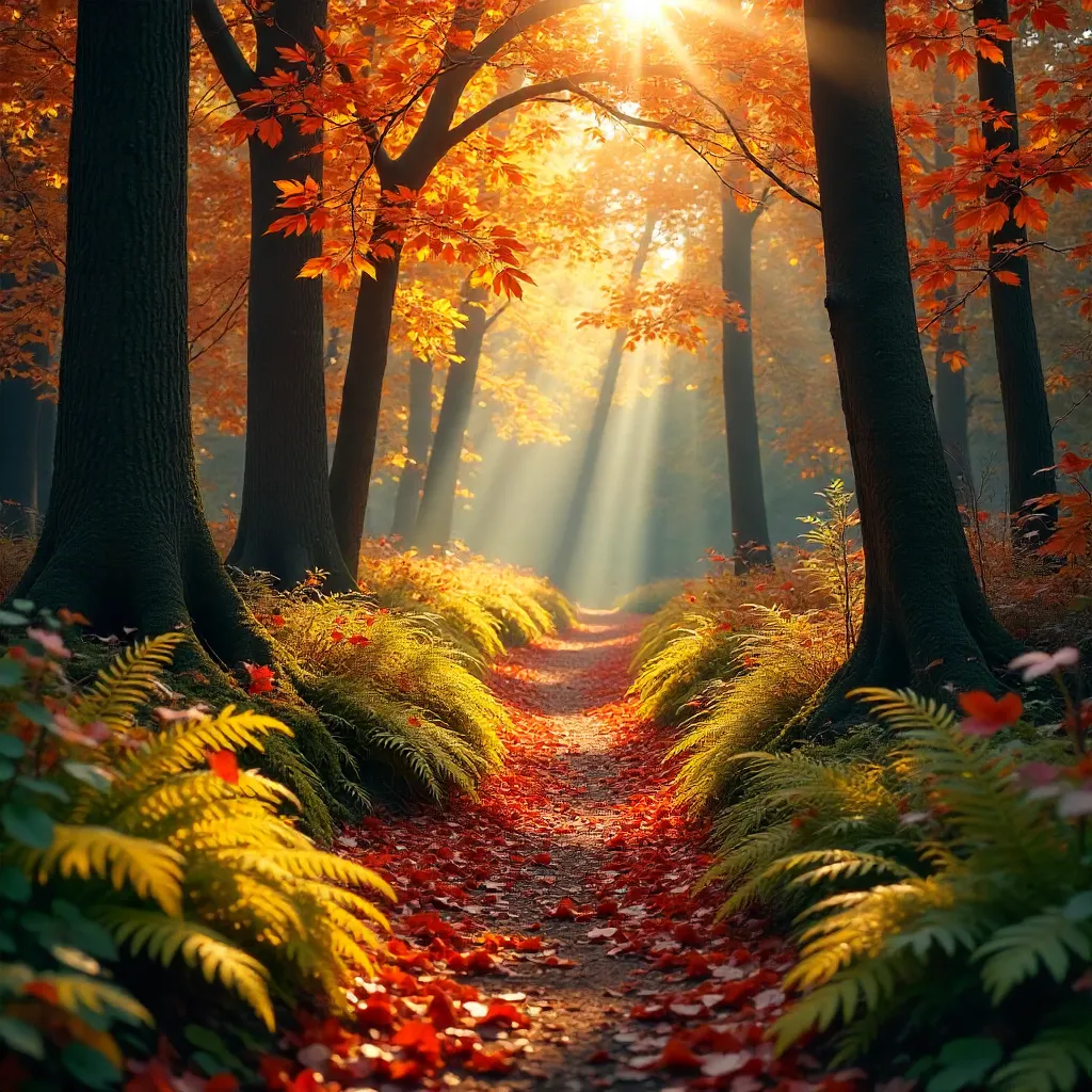 Tranquil Autumn Forest Path with Dappled Sunlight