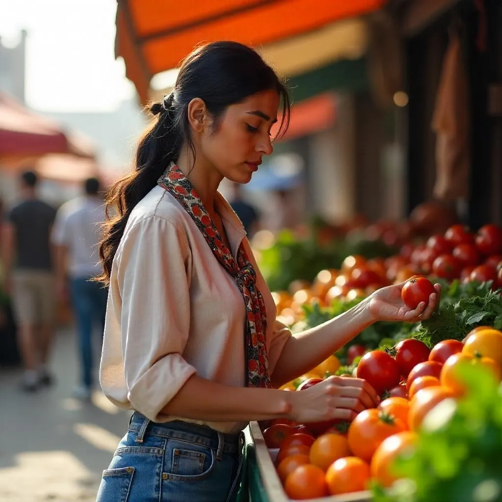 Photorealistic Middle Eastern Woman at a Farmers Market