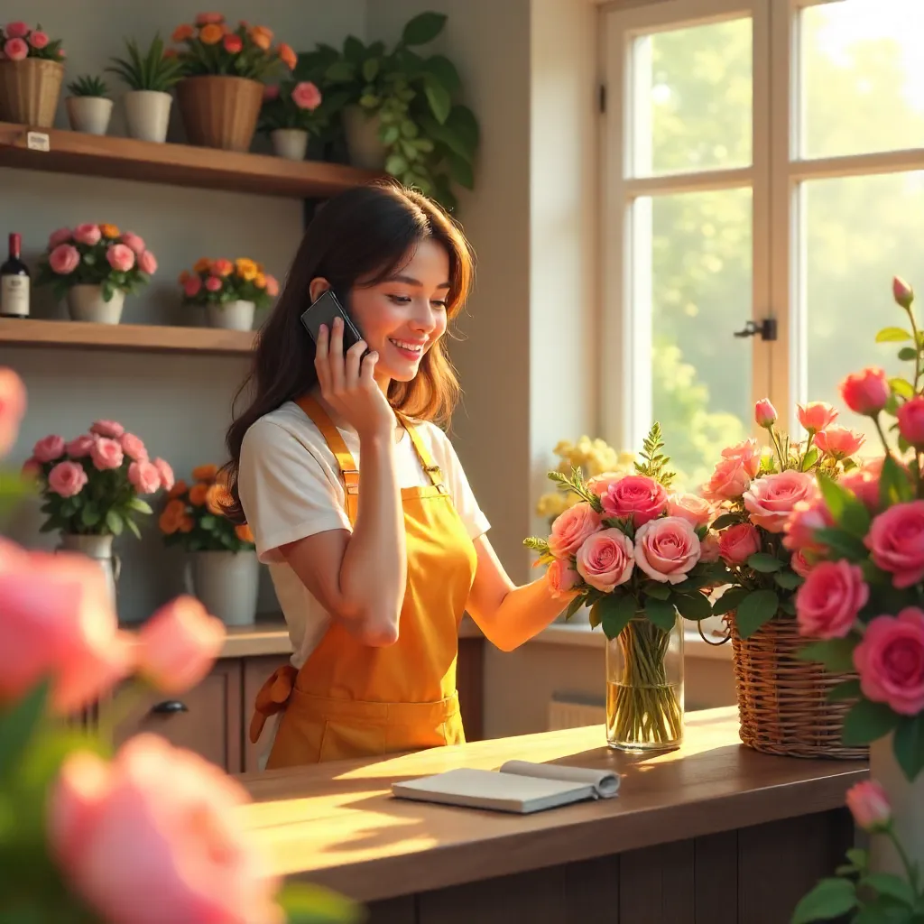 Cheerful Florist On The Phone In Blooming Shop
