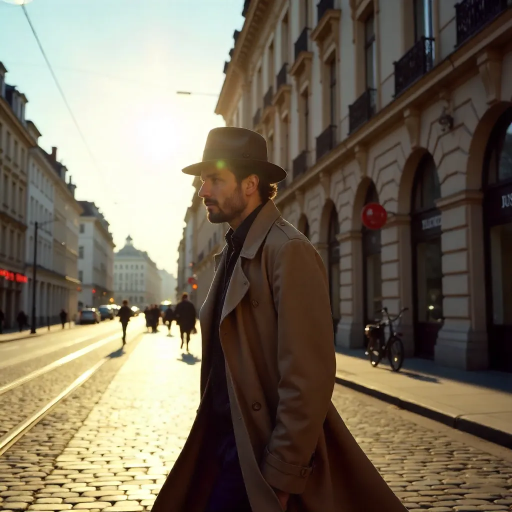 Sunlit Düsseldorf Street: Man in a Hat
