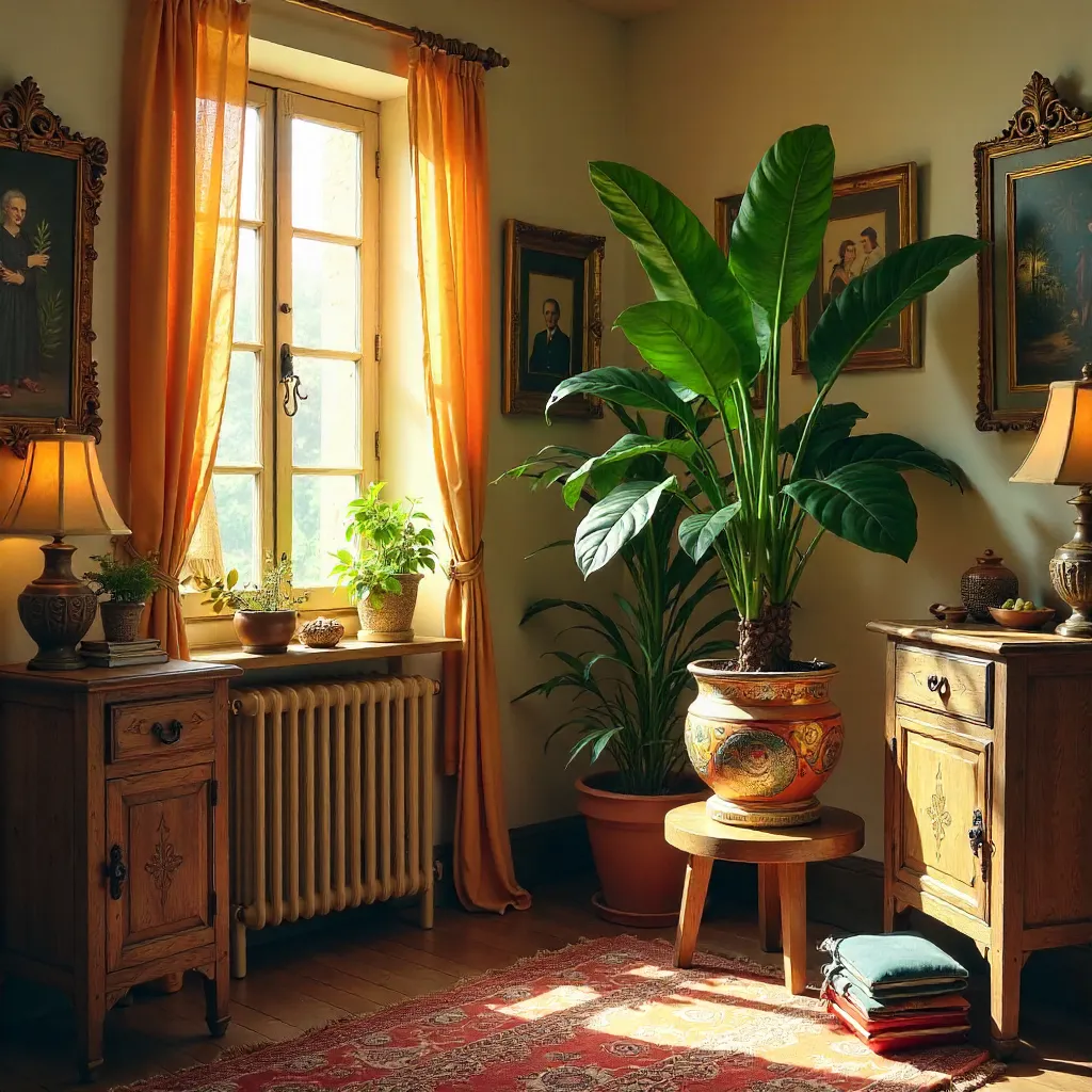 Warm Vintage Rustic Living Room with a Lush Plant