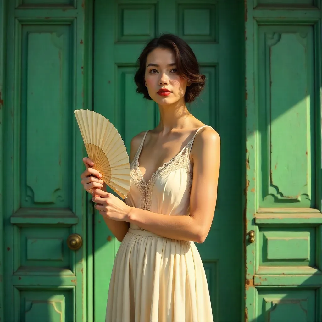 Woman with a Hand Fan in Front of Green Doors