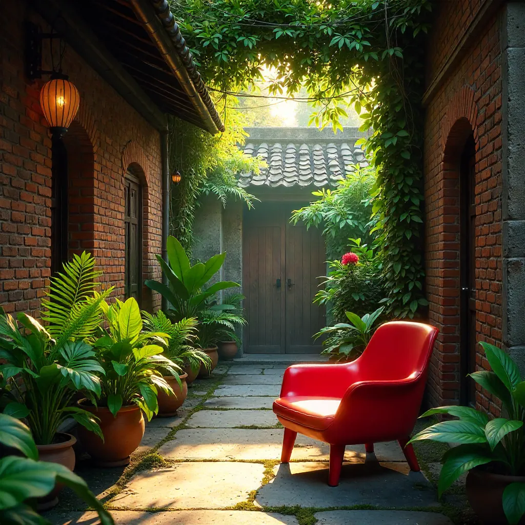 Tranquil Hanoi Courtyard with a Red Chair