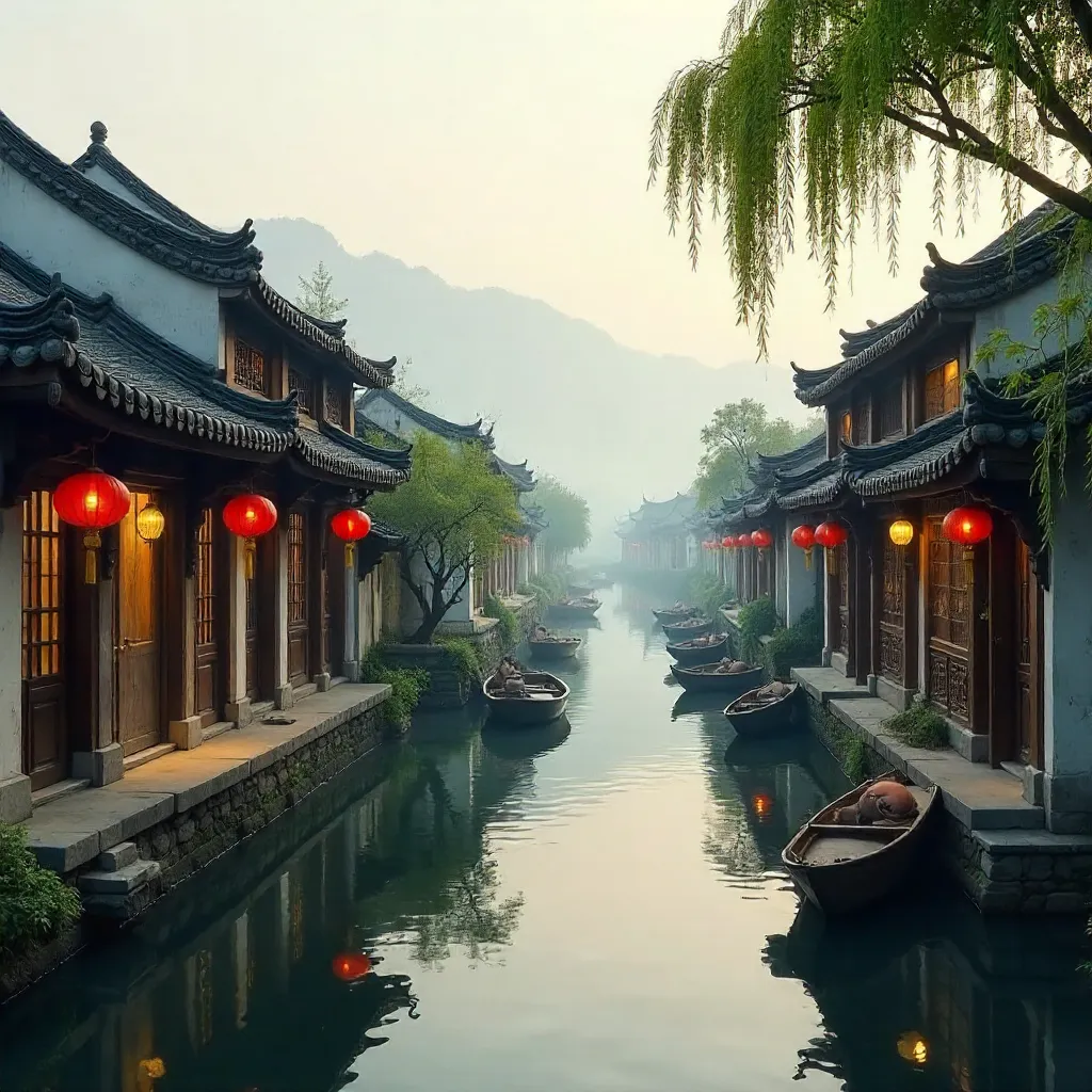 Serene Water Town with Ornate Traditional Chinese Roofs
