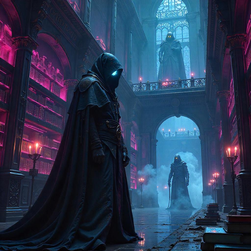 Neon Necromancer in a Magical Library