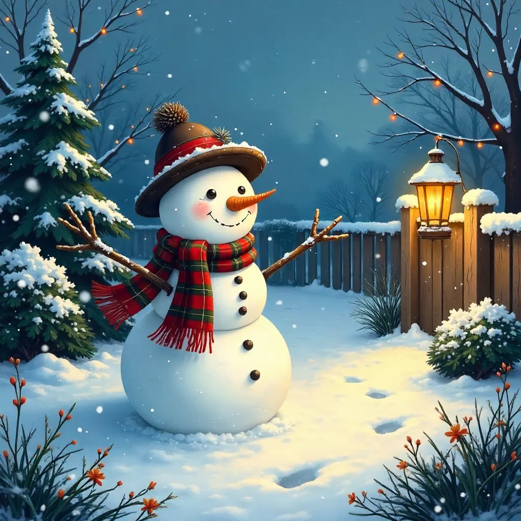 Charming Snowman in a Snowy Winter Garden