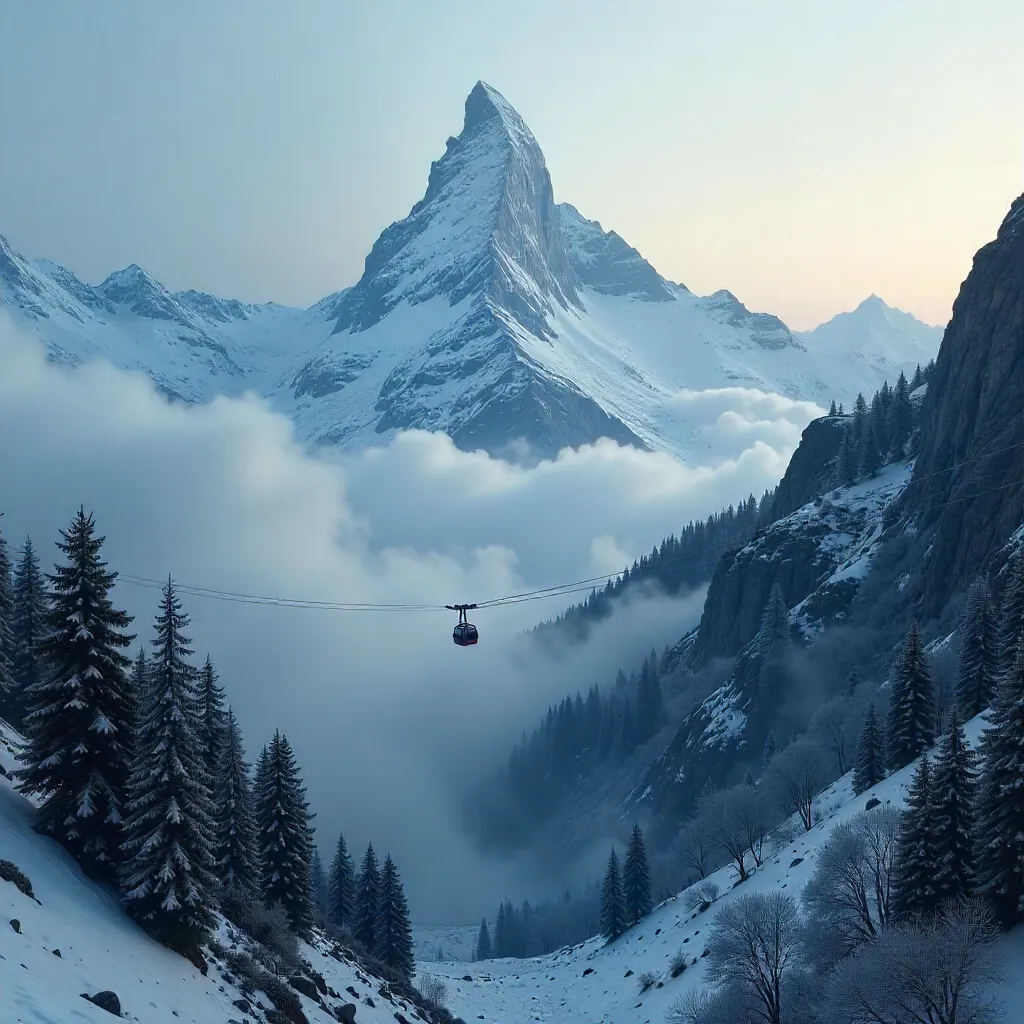 Foggy Zermatt Cable Car Amid Alpine Dawn