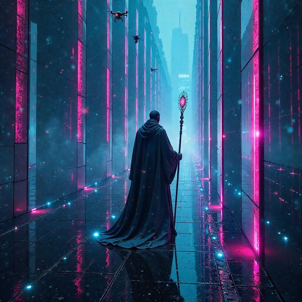 Cyberpunk Wizard in a Neon Mirror Maze