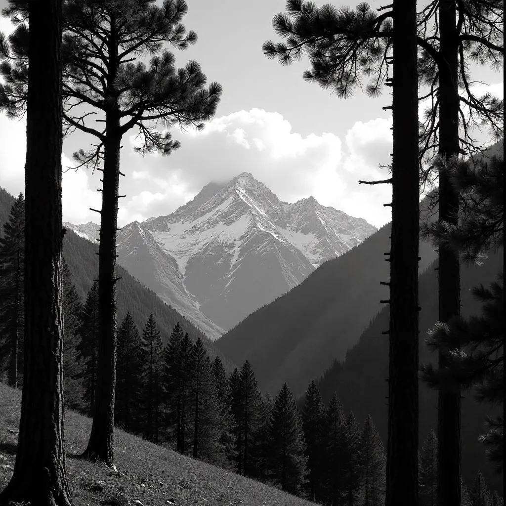 Monochrome Alborz Mountains Framed by Tall Pines