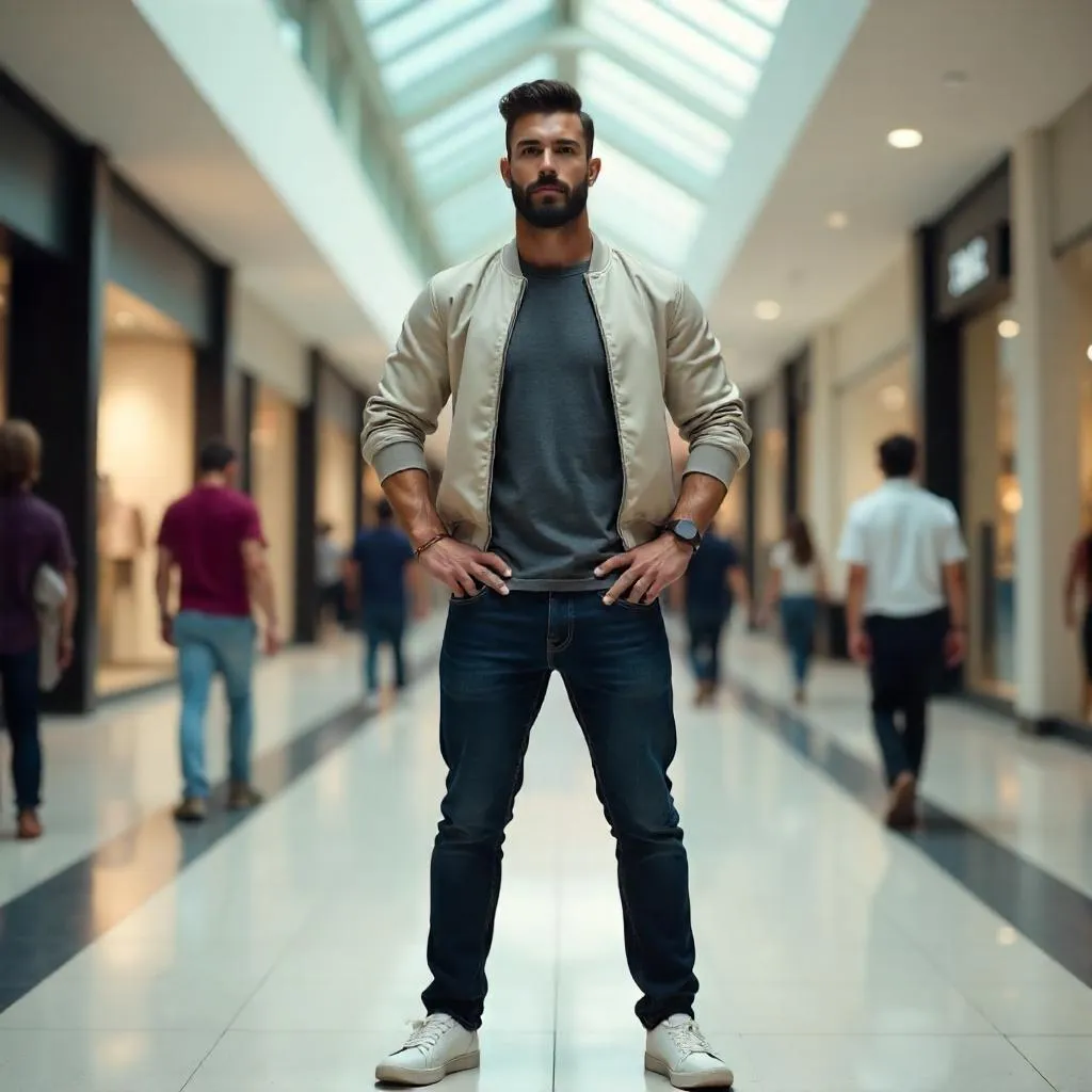 Strong Latino Man in a Photorealistic Mall