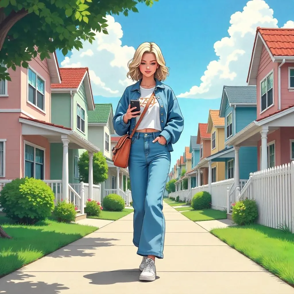 Anime Style: Stylish White Woman in Suburban Street