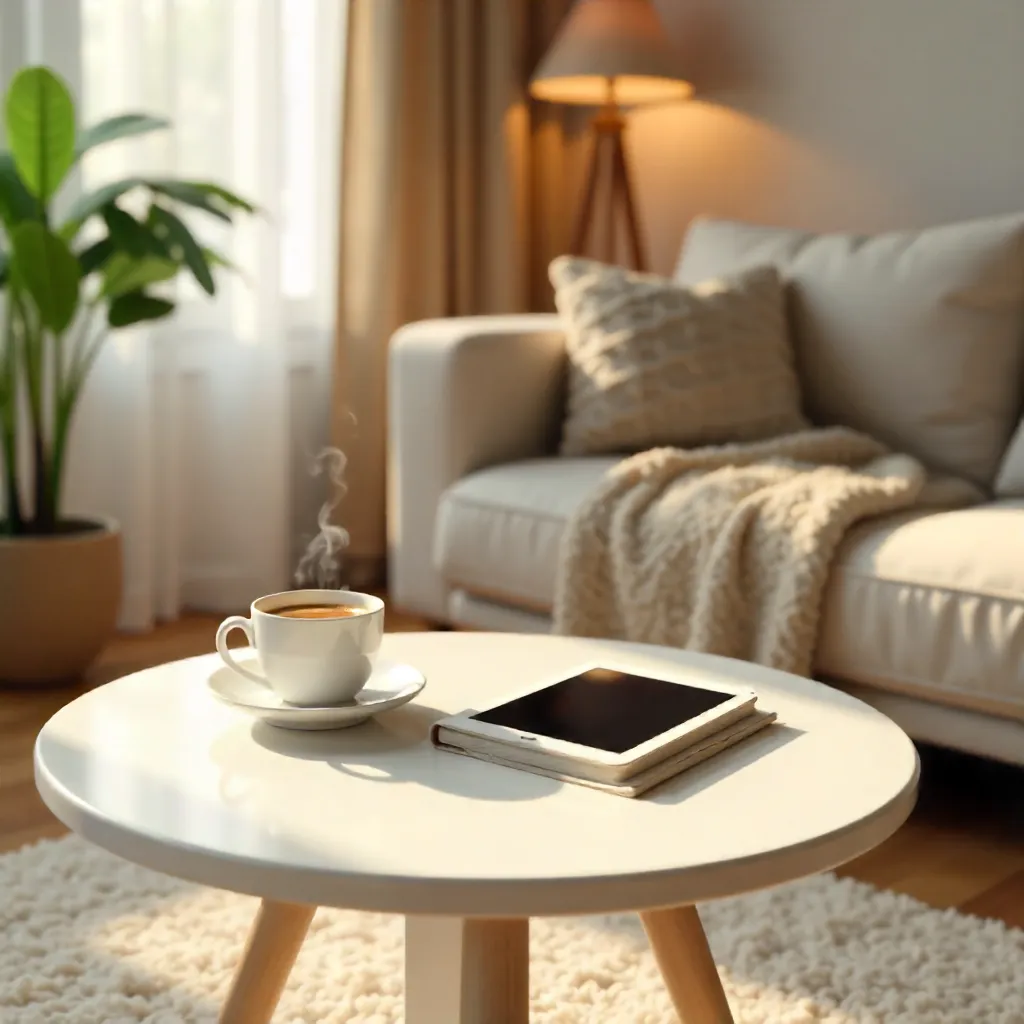 Cozy Living Room Table with Coffee Cup and Tablet