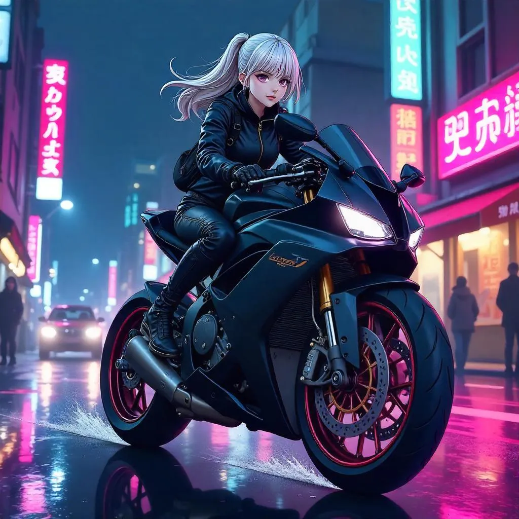 Neon Night Rider: Anime Girl on a Motorcycle