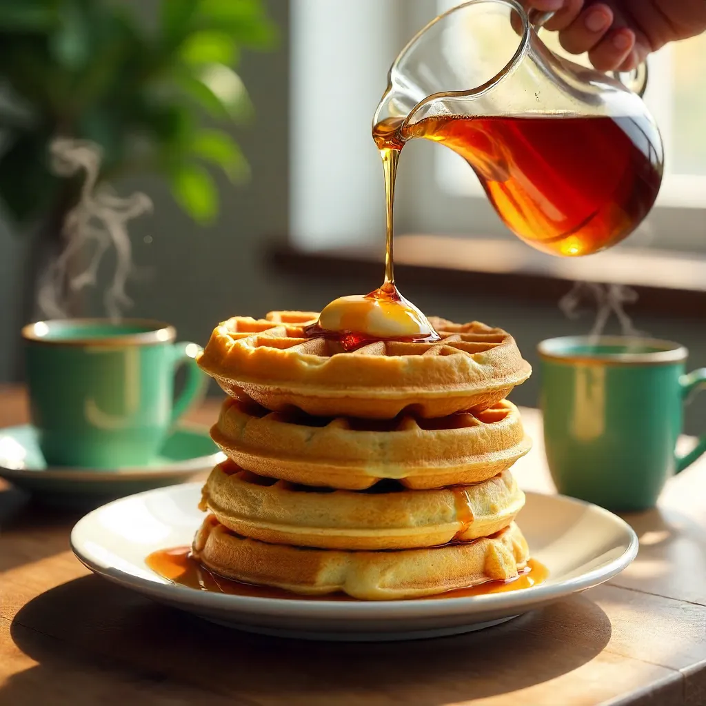 Golden Waffles with Pouring Syrup and Green Cups