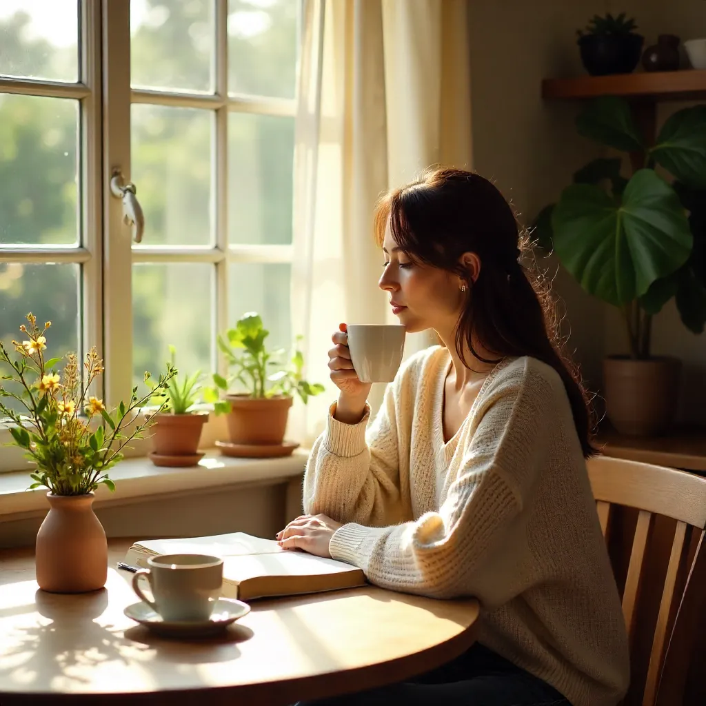 Quiet Morning: Woman Sips Coffee with Book and Flowers