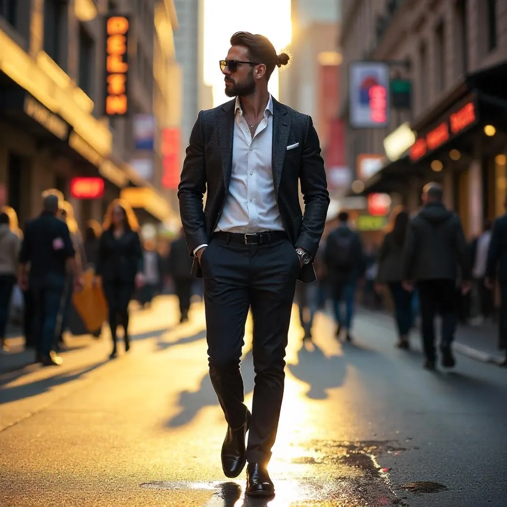 Stylish White Man in Downtown Cityscape - Photorealistic