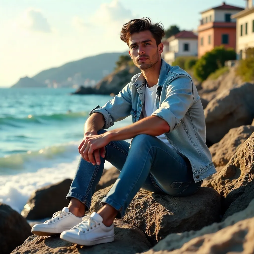 Casual youth on Mudanya rocky shore by the sea