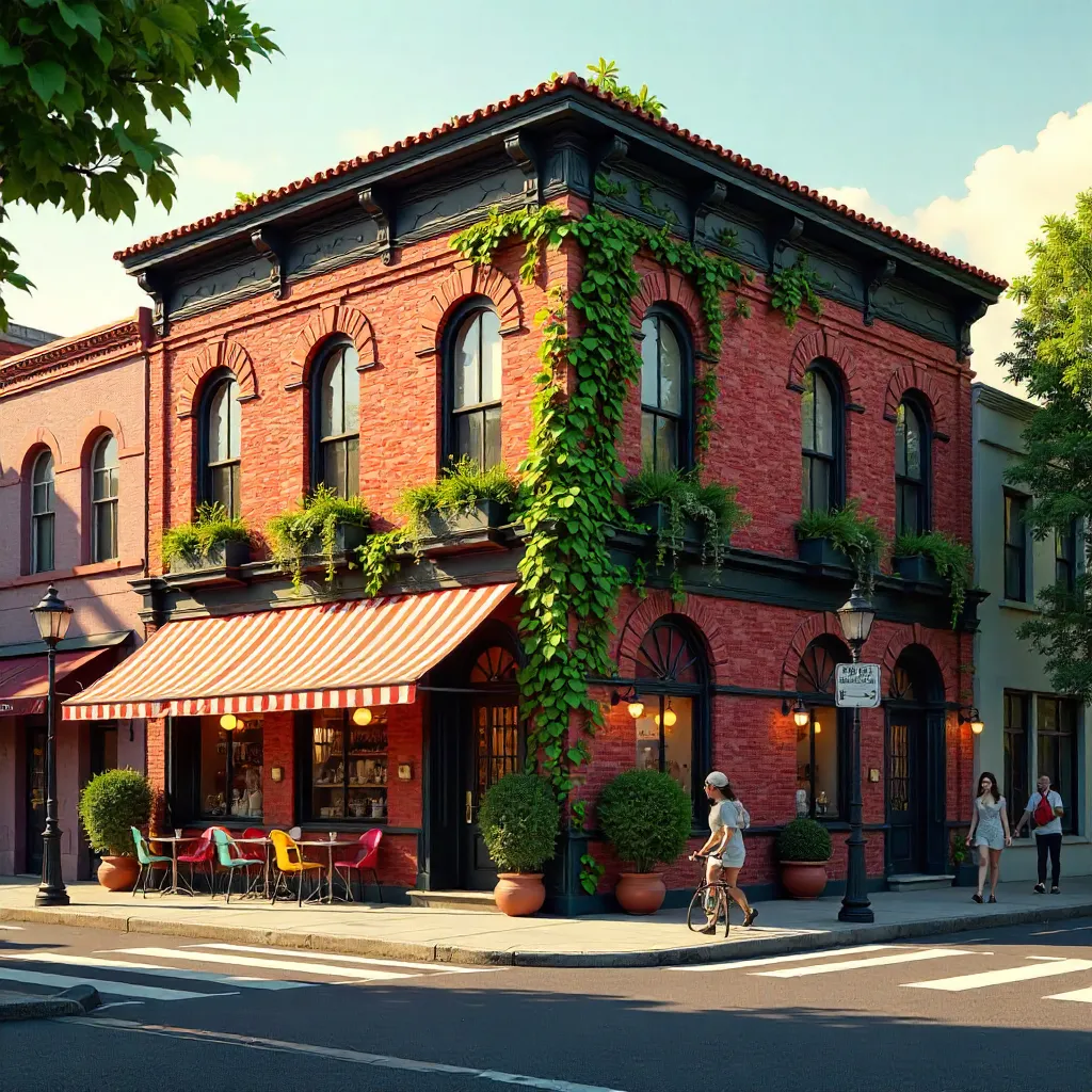Vibrant Red Brick Corner with Lush Greenery
