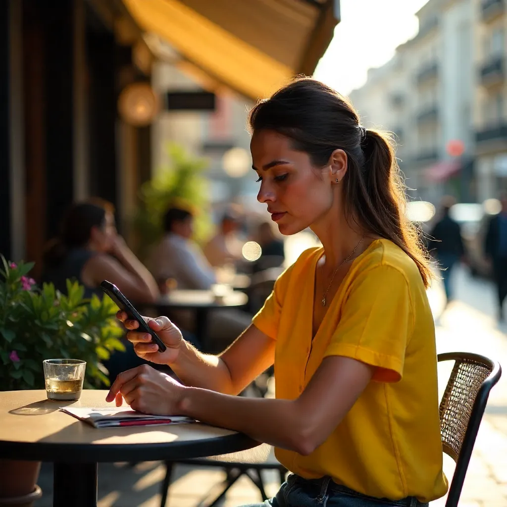 Sunlit Café Moment: Woman in Yellow Shirt with Smartphone