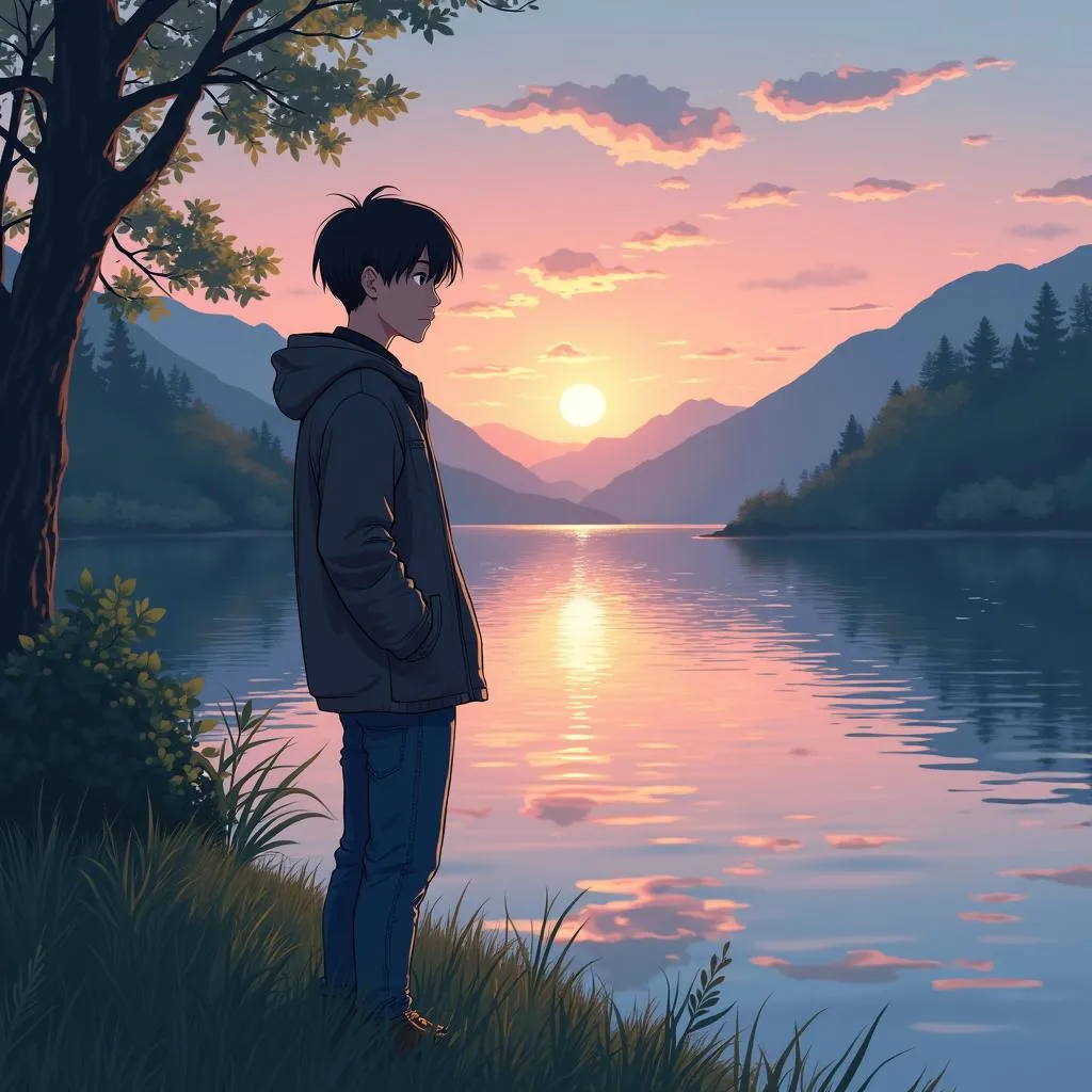 Lakeside Quiet: An Anime Portrait at Dusk